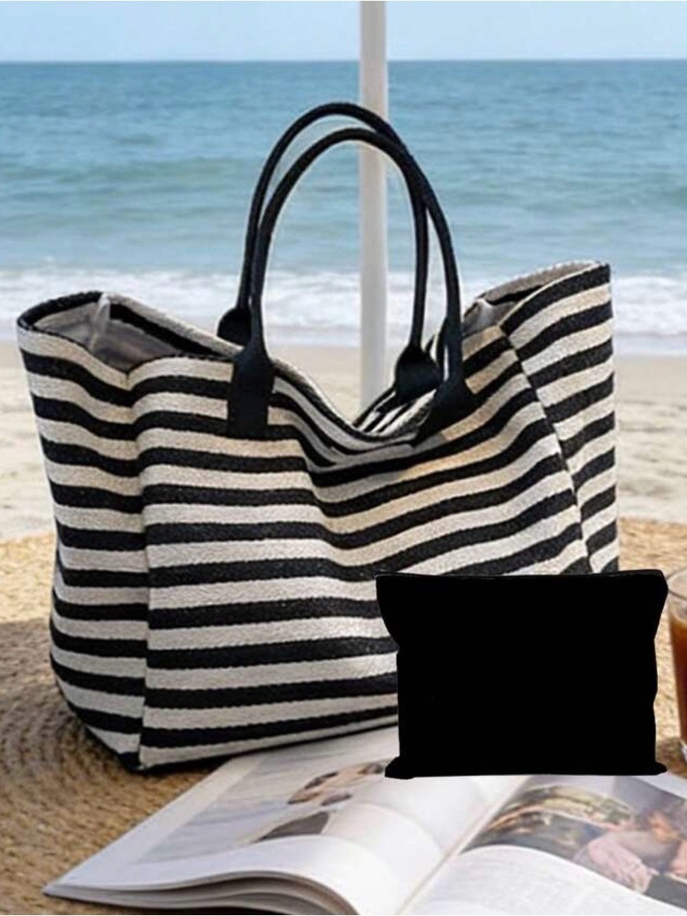 NEW Striped Beach Tote Bag with Pouch